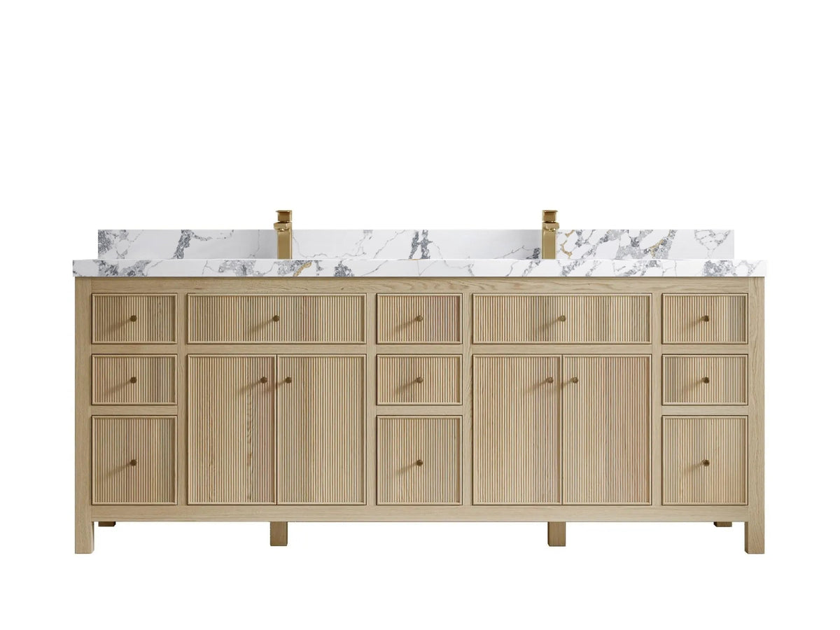 Sonoma 84 inch Nordic White Oak vanity with Calacatta Poanazzo Quartz, Straight / Mitered, front view