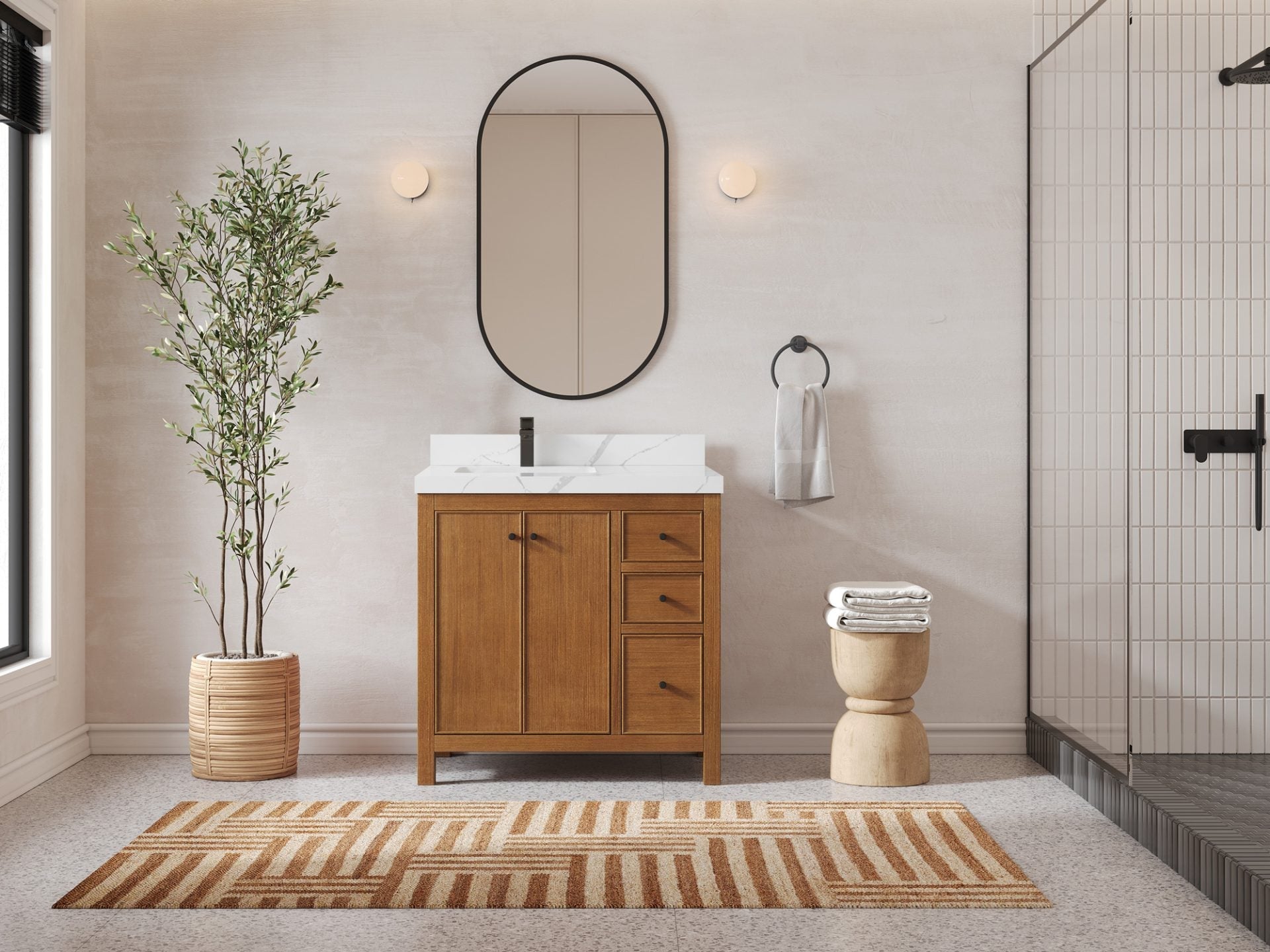 Chicago Teak Veneer 36 in. W x 22 in. D Left Offset Sink Bathroom Vanity
