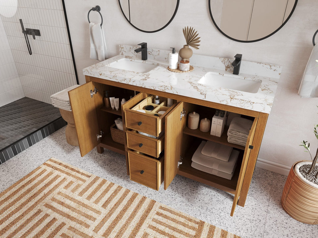 Chicago Veneer Teak 60 in. W x 22 in. D Double Sink Bathroom Vanity