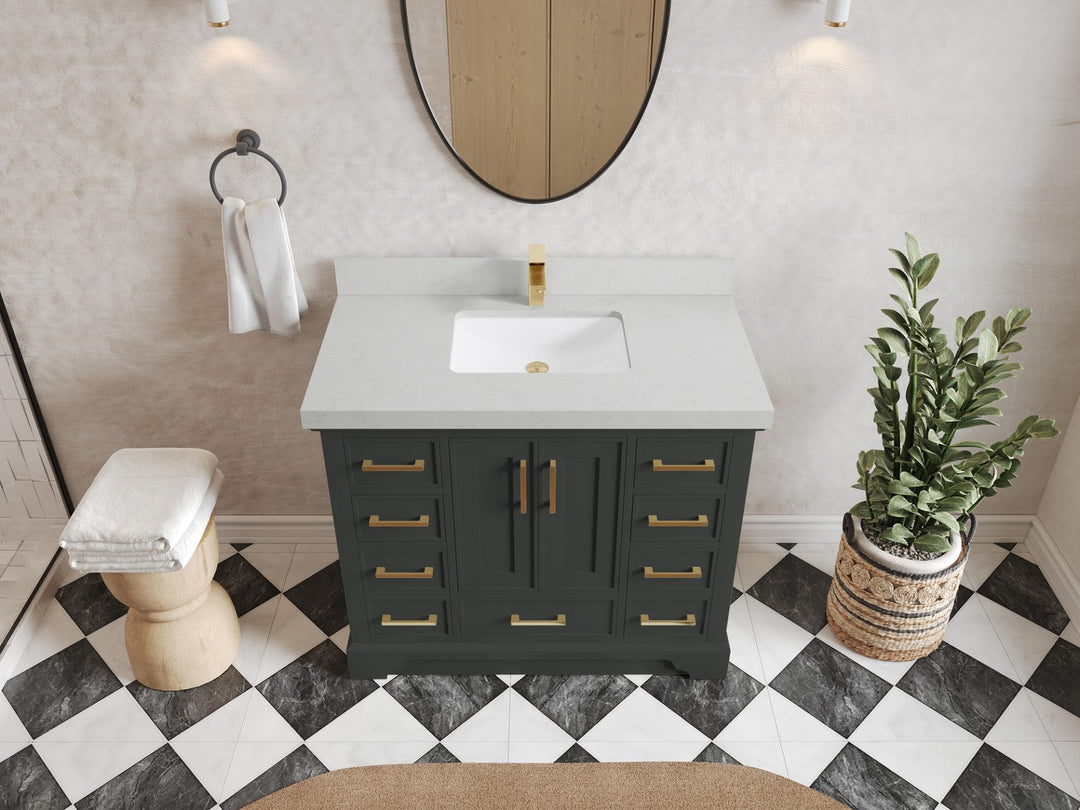 Charlotte 42 in. W x 22 in. D Single Sink Bathroom Vanity in Black Top with 2 in Carrara Quartz Countertop – Top View
