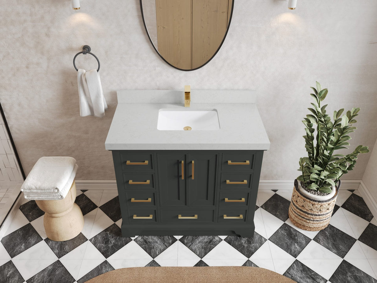 Charlotte 42 in. W x 22 in. D Single Sink Bathroom Vanity in Black Top with 2 in Carrara Quartz Countertop – Top View