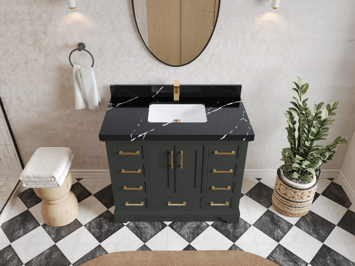Charlotte 42 in. W x 22 in. D Single Sink Bathroom Vanity in Black Top with 2 in Calacatta Black Quartz Countertop – Top View