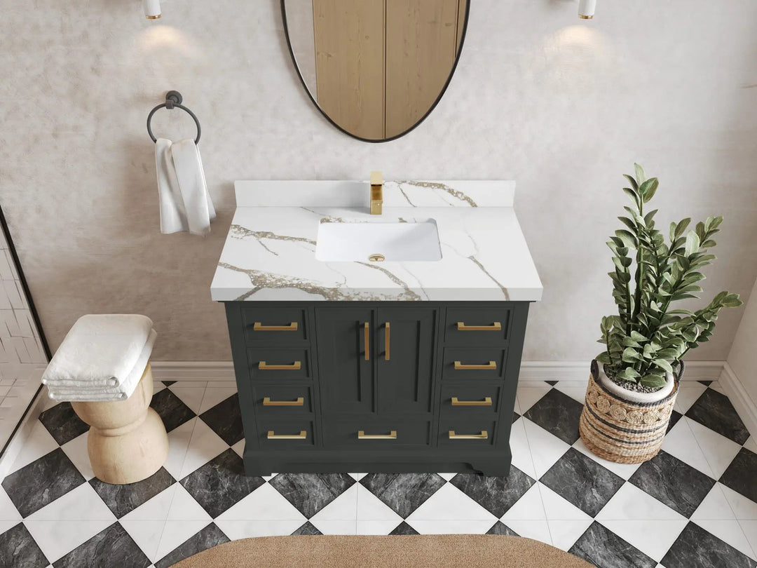 Charlotte 42 in. W x 22 in. D Single Sink Bathroom Vanity in Black Top with 2 in Calacatta Gold Quartz Countertop – Top View