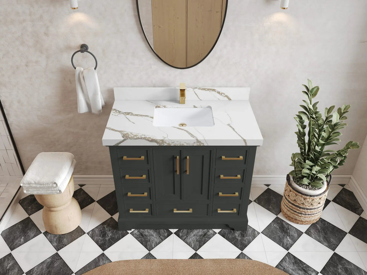 Charlotte 42 in. W x 22 in. D Single Sink Bathroom Vanity in Black Top with 2 in Calacatta Gold Quartz Countertop – Top View