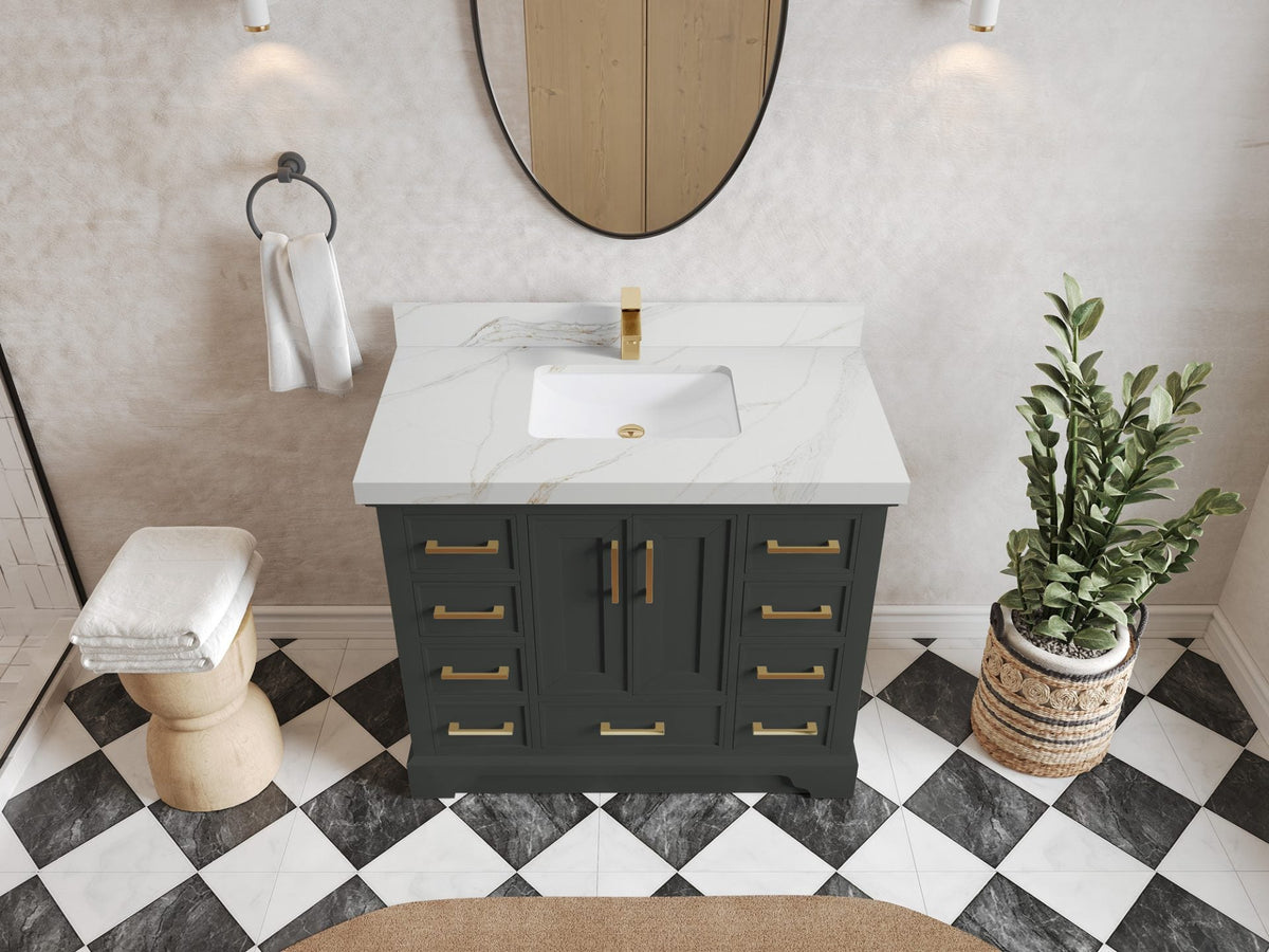 Charlotte 42 in. W x 22 in. D Single Sink Bathroom Vanity in Black Top with 2 in Calacatta Sienna Quartz Countertop – Top View