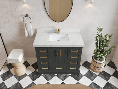 Charlotte 42 in. W x 22 in. D Single Sink Bathroom Vanity in Black Top with 2 in Calacatta Sienna Quartz Countertop – Top View