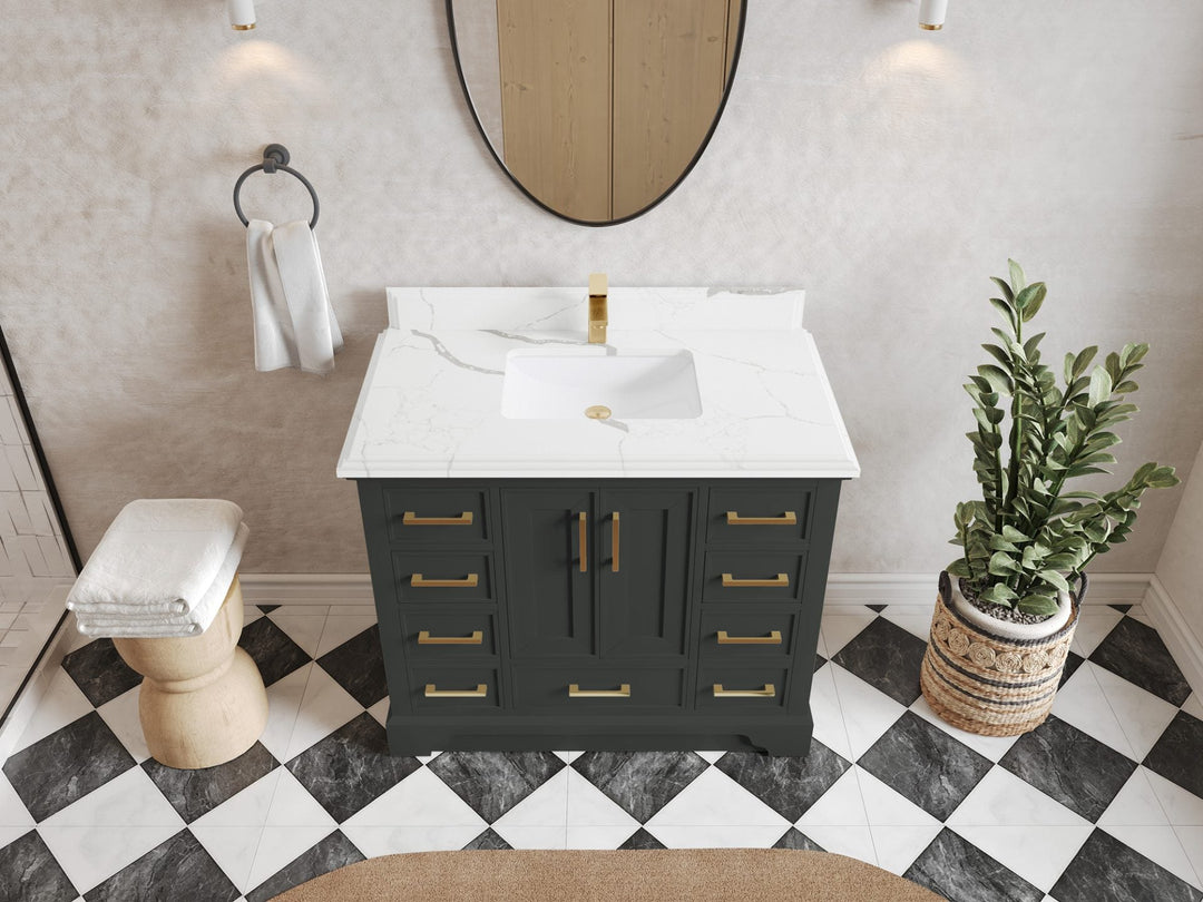 Charlotte 42 in. W x 22 in. D Single Sink Bathroom Vanity in Black Top with 1.5 in Calacatta Laza Quartz Countertop – Top View