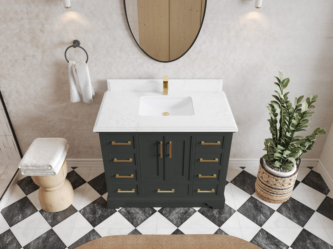 Charlotte 42 in. W x 22 in. D Single Sink Bathroom Vanity in Black Top with 1.5 in Empira White Quartz Countertop – Top View