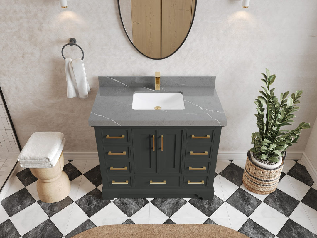 Charlotte 42 in. W x 22 in. D Single Sink Bathroom Vanity in Black Top with 2 in Piatra Gray Quartz Countertop – Top View