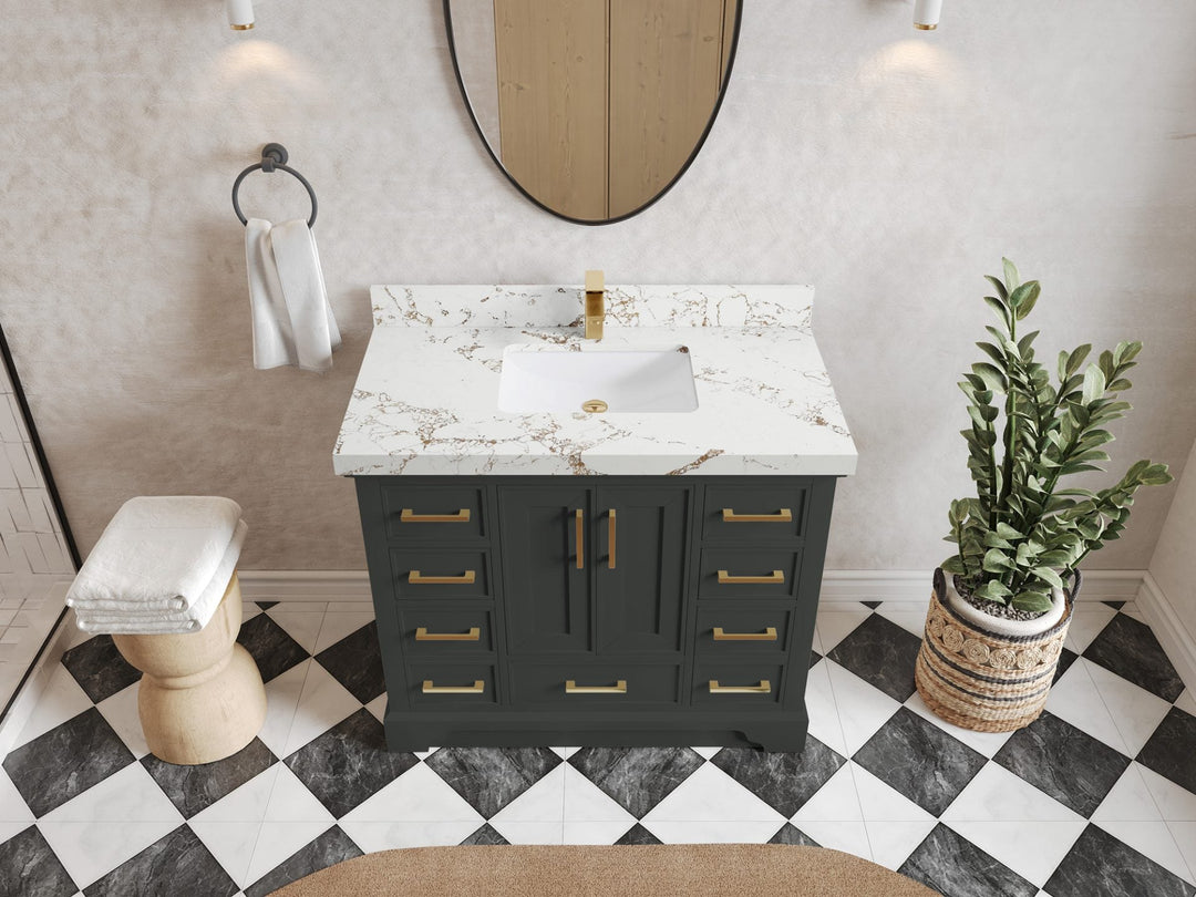 Charlotte 42 in. W x 22 in. D Single Sink Bathroom Vanity in Black Top with 2 in Viola Gold Quartz Countertop – Top View
