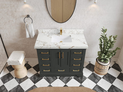 Charlotte 42 in. W x 22 in. D Single Sink Bathroom Vanity in Black Top with 2 in Viola Gold Quartz Countertop – Top View