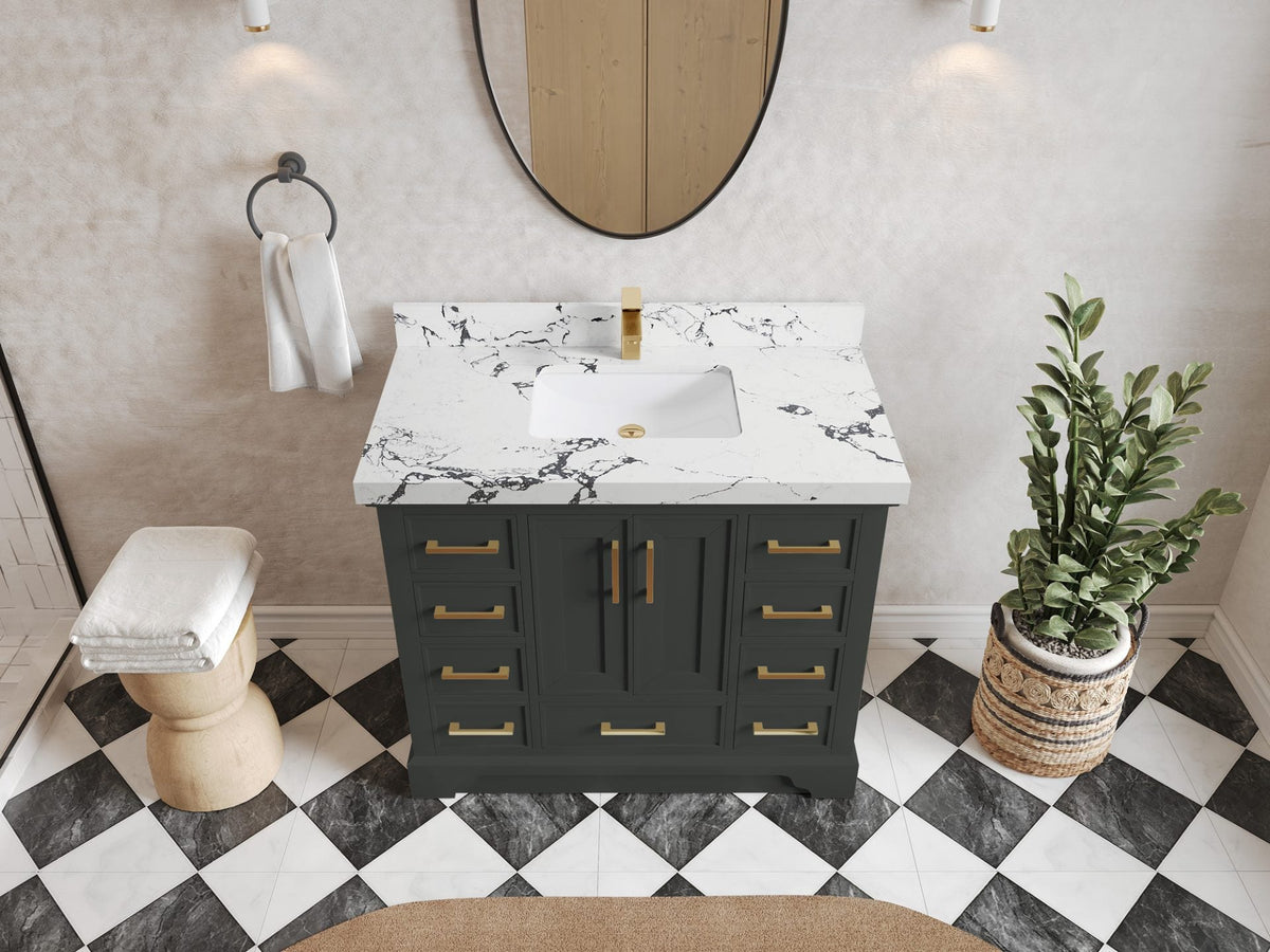 Charlotte 42 in. W x 22 in. D Single Sink Bathroom Vanity in Black Top with 2 in Viola Night Quartz Countertop – Top View