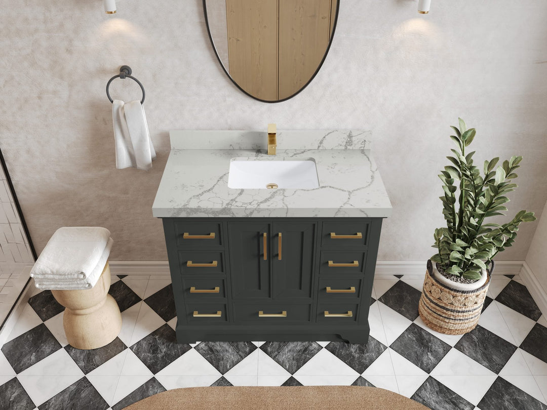 Charlotte 42 in. W x 22 in. D Single Sink Bathroom Vanity in Black Top with 2 in Venatino Quartz Countertop – Top View