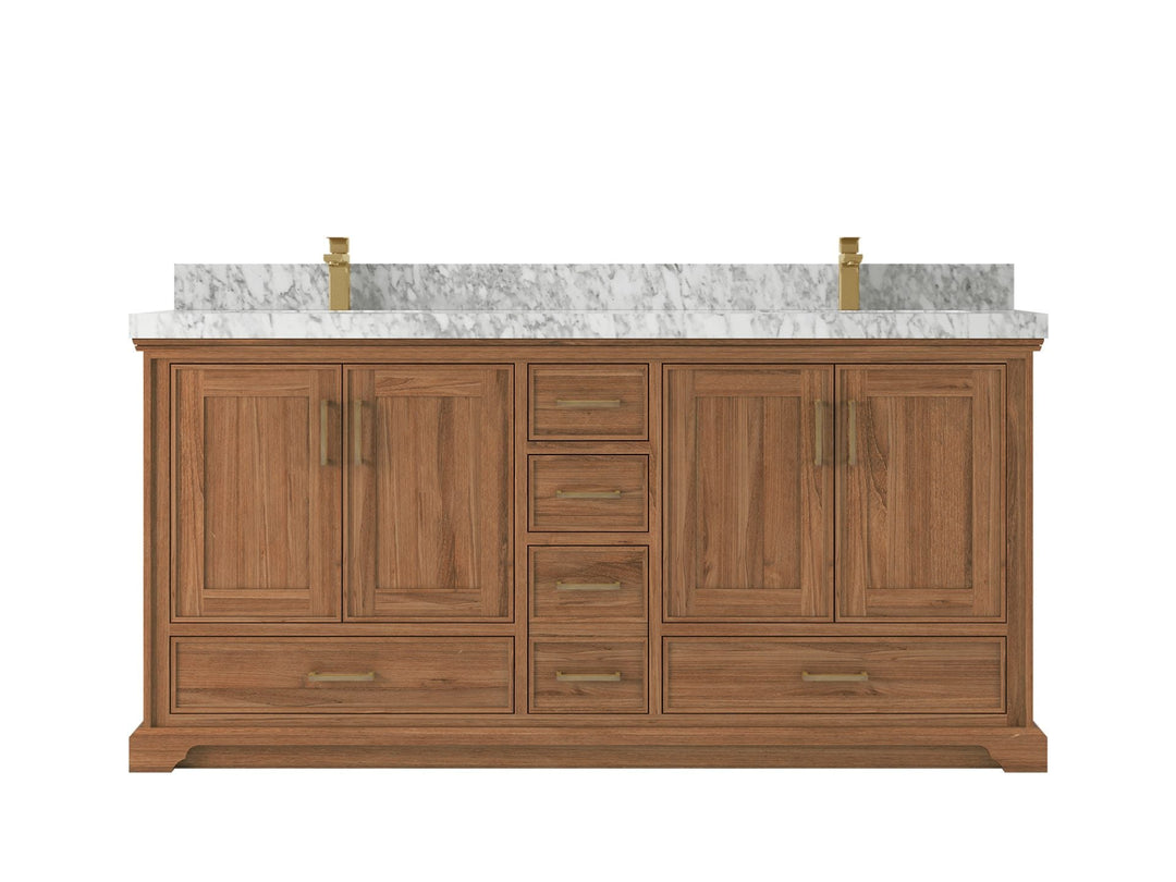 Charlotte Teak 72 in. W x 22 in. D Double Sink Bathroom Vanity in Dark Natural with 2 in Carrara Marble Countertop