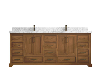 Charlotte Teak 84 in. W x 22 in. D Double Sink Bathroom Vanity in Dark Natural with 2 in Carrara Marble Countertop