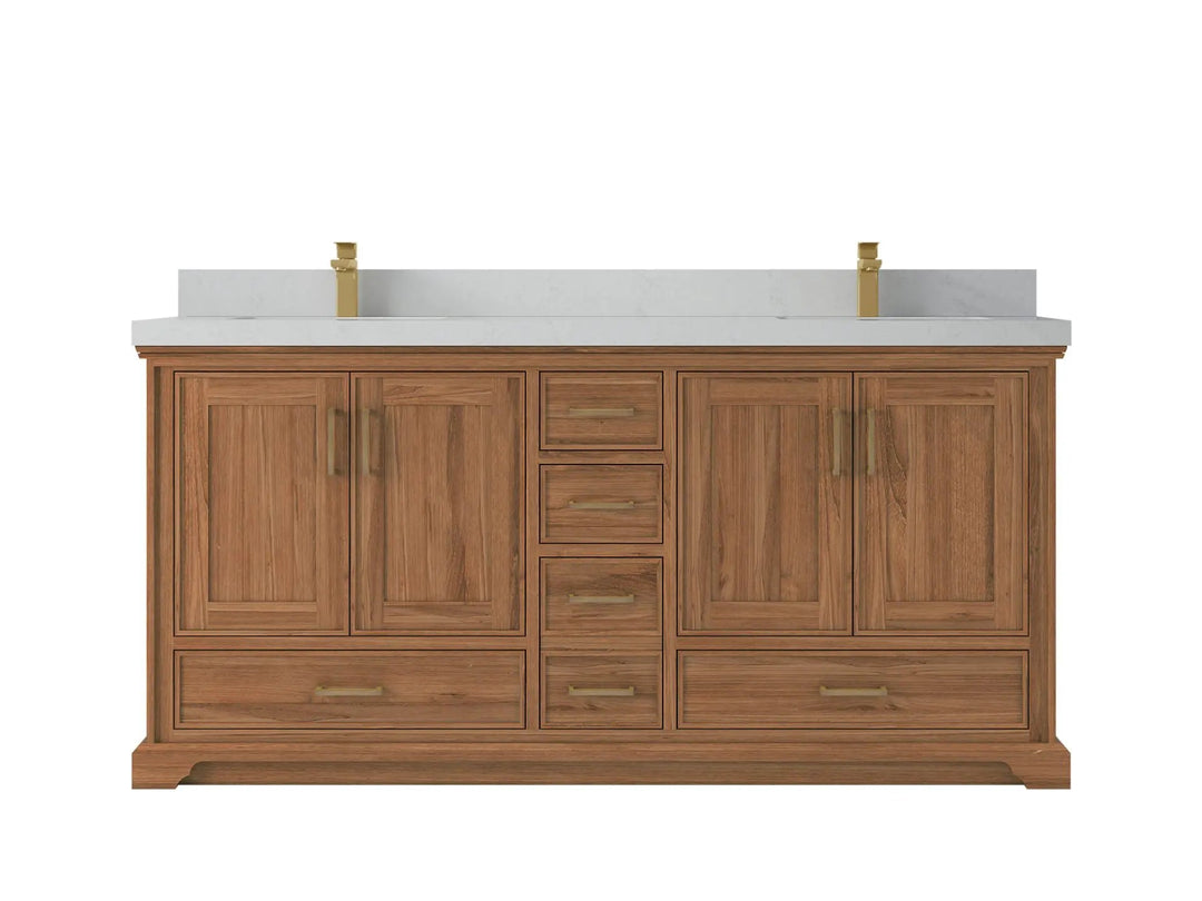 Charlotte Teak 72 in. W x 22 in. D Double Sink Bathroom Vanity in Dark Natural with 2 in Carrara Quartz Countertop