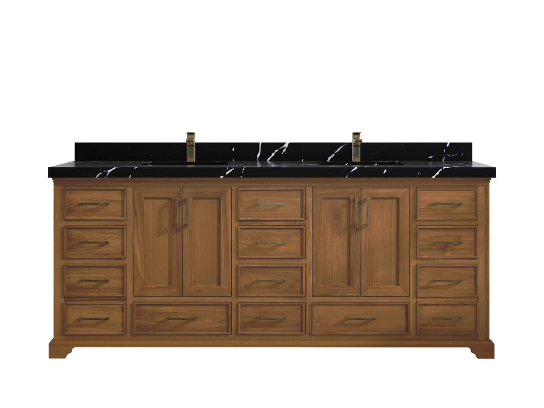Charlotte Teak 84 in. W x 22 in. D Double Sink Bathroom Vanity in Dark Natural with 2 in Calacatta Black Quartz Countertop