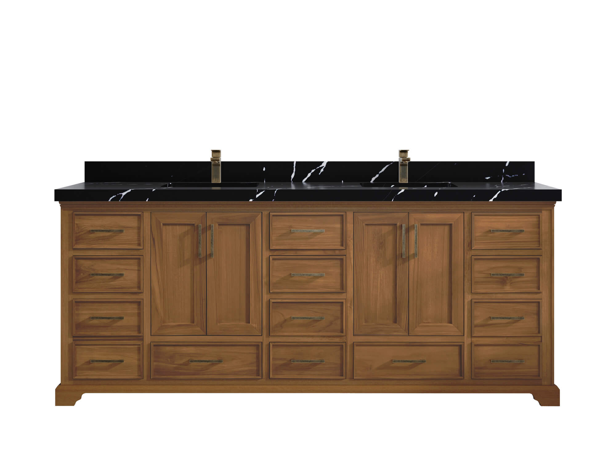 Charlotte Teak 84 in. W x 22 in. D Double Sink Bathroom Vanity in Dark Natural with 2 in Calacatta Black Quartz Countertop