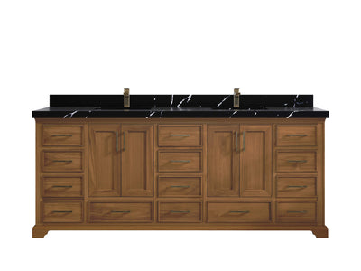 Charlotte Teak 84 in. W x 22 in. D Double Sink Bathroom Vanity in Dark Natural with 2 in Calacatta Black Quartz Countertop