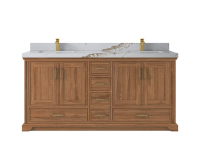 Charlotte Teak 72 in. W x 22 in. D Double Sink Bathroom Vanity in Dark Natural with 2 in Calacatta Gold Quartz Countertop