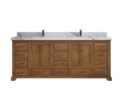 Charlotte Teak 84 in. W x 22 in. D Double Sink Bathroom Vanity in Dark Natural with 2 in Calacatta Gold Quartz Countertop