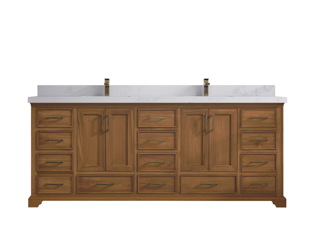 Charlotte Teak 84 in. W x 22 in. D Double Sink Bathroom Vanity in Dark Natural with 2 in Calacatta Nuvo Quartz Countertop 