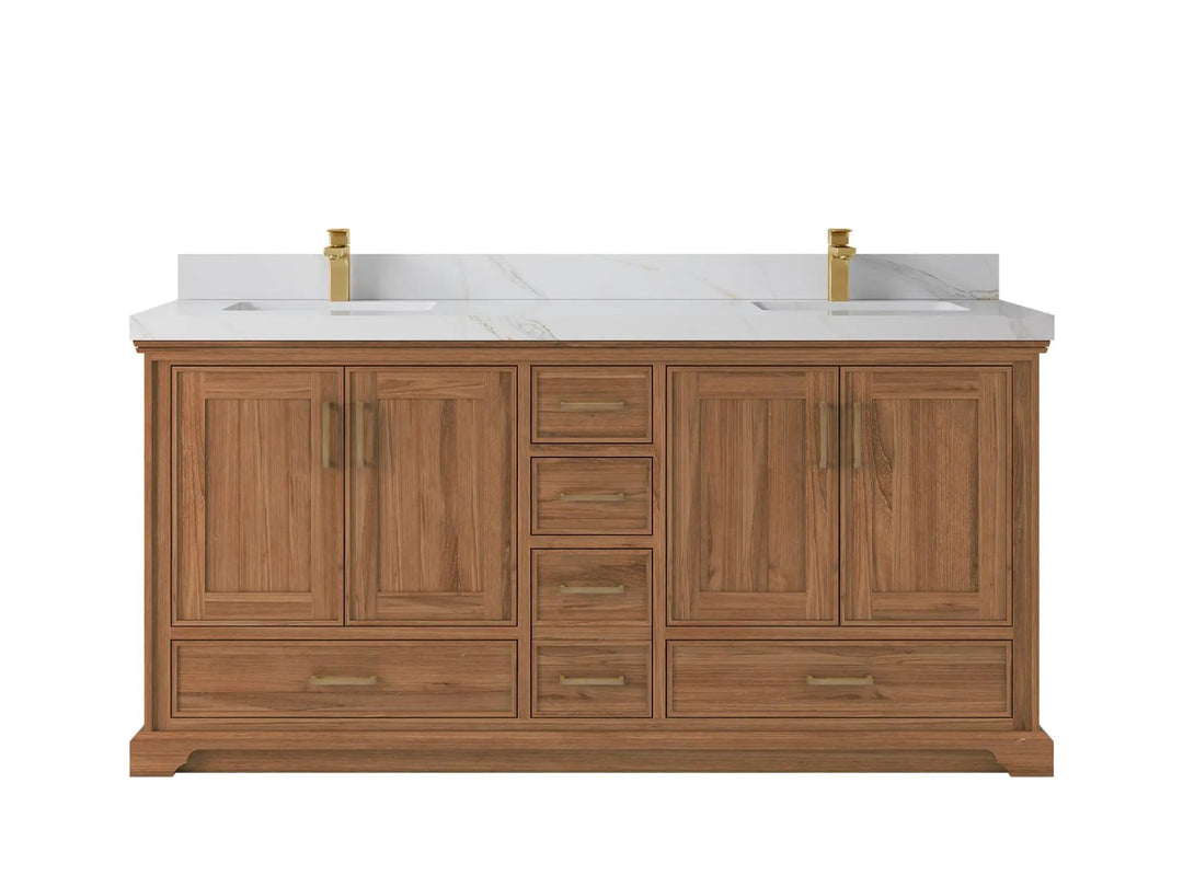 Charlotte Teak 72 in. W x 22 in. D Double Sink Bathroom Vanity in Dark Natural with 2 in Calacatta Sienna Quartz Countertop