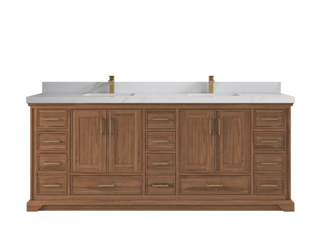 Charlotte Teak 84 in. W x 22 in. D Double Sink Bathroom Vanity in Dark Natural with 2 in Calacatta Sienna Quartz Countertop