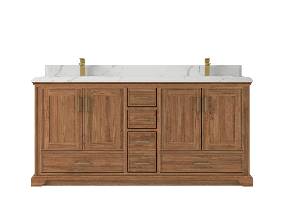 Charlotte Teak 72 in. W x 22 in. D Double Sink Bathroom Vanity in Dark Natural with 1.5 in Calacatta Laza Quartz Countertop