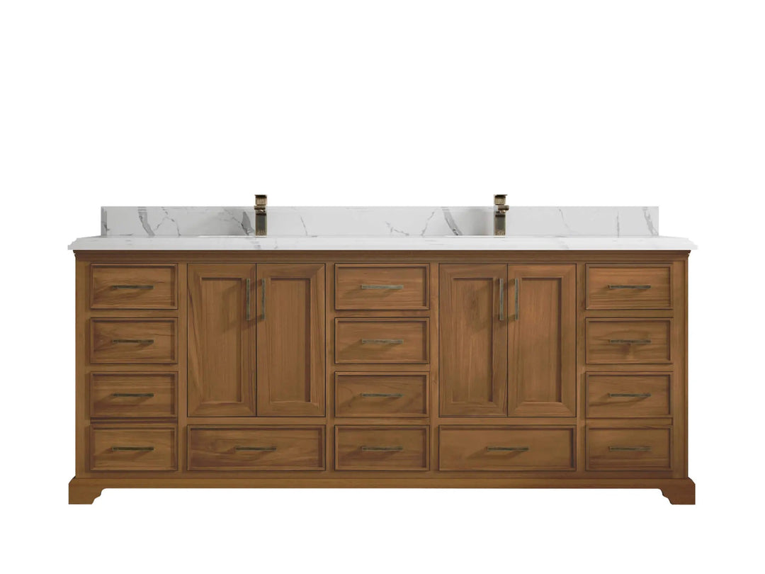 Charlotte Teak 84 in. W x 22 in. D Double Sink Bathroom Vanity in Dark Natural with 1.5 in Calacatta Laza Quartz Countertop