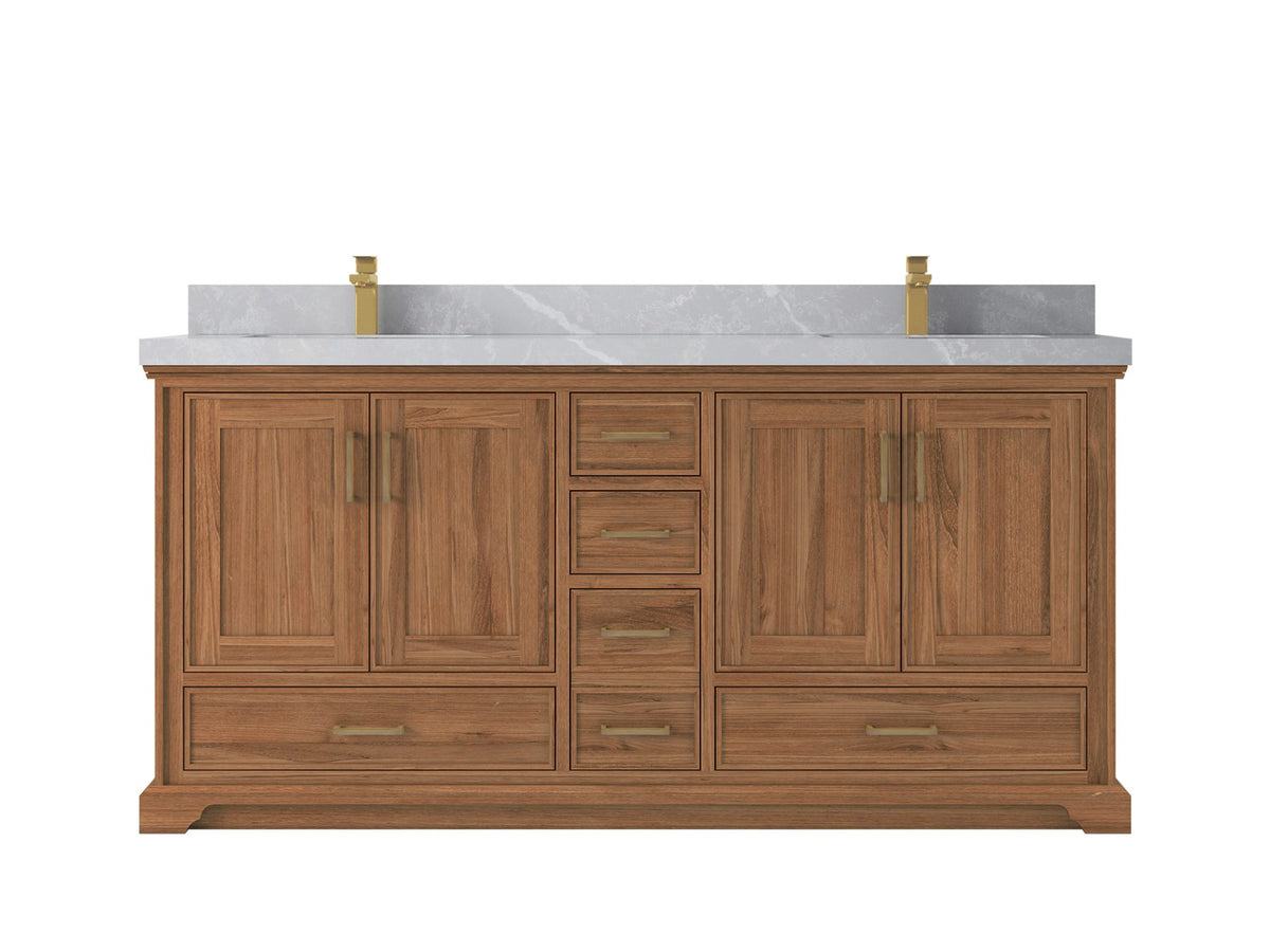 Charlotte Teak 72 in. W x 22 in. D Double Sink Bathroom Vanity in Dark Natural with 2 in Pearl Light Gray Quartz Countertop