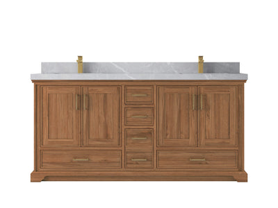 Charlotte Teak 72 in. W x 22 in. D Double Sink Bathroom Vanity in Dark Natural with 2 in Pearl Light Gray Quartz Countertop