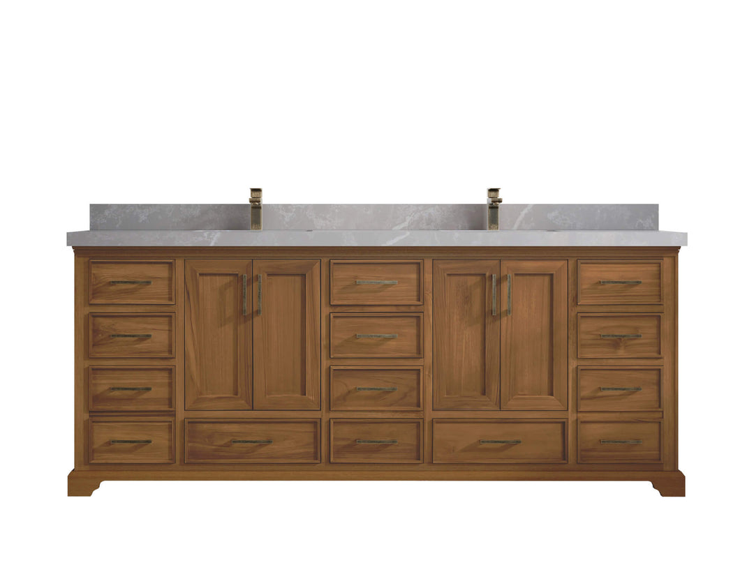 Charlotte Teak 84 in. W x 22 in. D Double Sink Bathroom Vanity in Dark Natural with 2 in Pearl Light Gray Quartz Countertop 