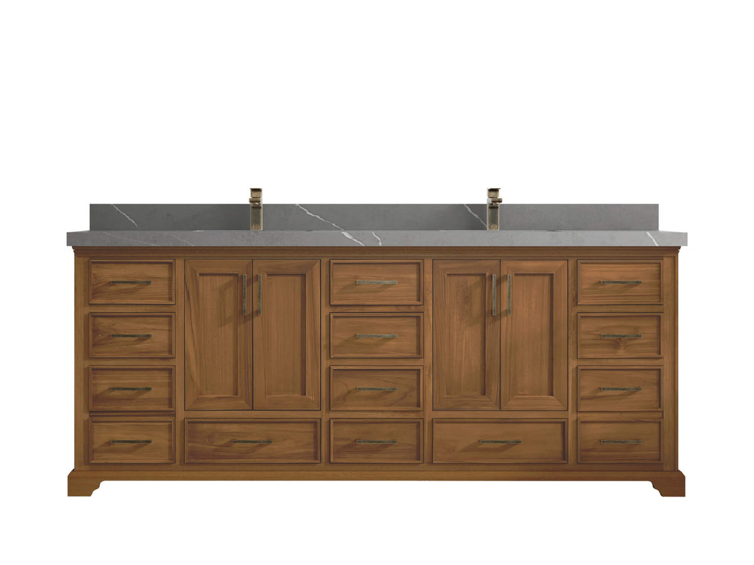 Charlotte Teak 84 in. W x 22 in. D Double Sink Bathroom Vanity in Dark Natural with 2 in Piatra Gray Quartz Countertop