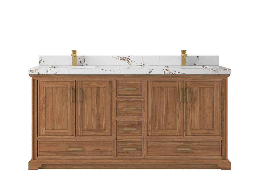 Charlotte Teak 72 in. W x 22 in. D Double Sink Bathroom Vanity in Dark Natural with 2 in Viola Brown Quartz Countertop 