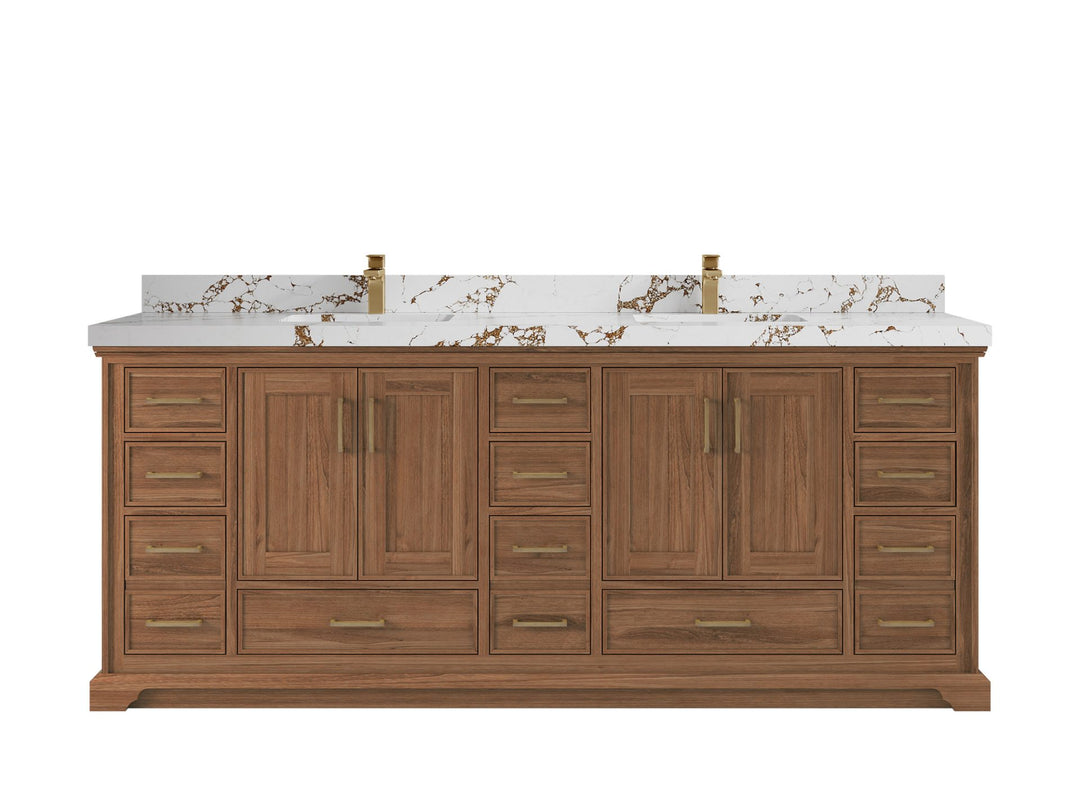 Charlotte Teak 84 in. W x 22 in. D Double Sink Bathroom Vanity in Dark Natural with 2 in Viola Brown Quartz Countertop 