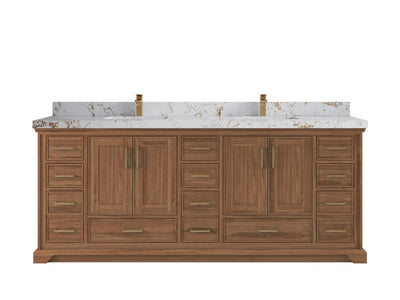 Charlotte Teak 84 in. W x 22 in. D Double Sink Bathroom Vanity in Dark Natural with 2 in Viola Gold Quartz Countertop
