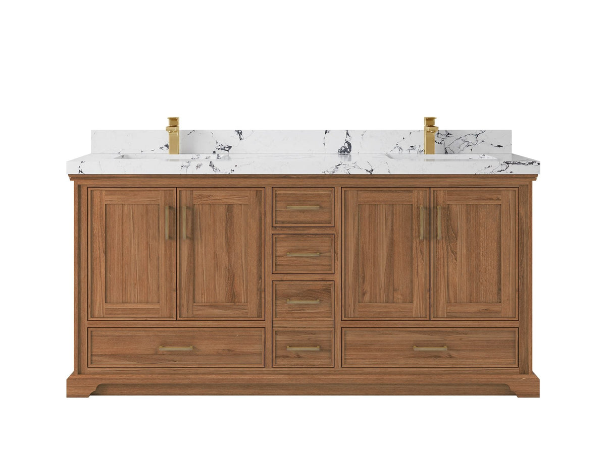Charlotte Teak 72 in. W x 22 in. D Double Sink Bathroom Vanity in Dark Natural with 2 in Viola Night Quartz Countertop