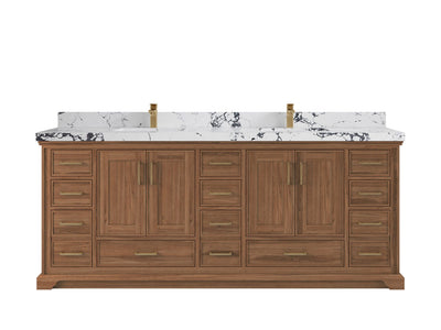 Charlotte Teak 84 in. W x 22 in. D Double Sink Bathroom Vanity in Dark Natural with 2 in Viola Night Quartz Countertop