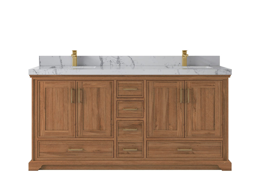 Charlotte Teak 72 in. W x 22 in. D Double Sink Bathroom Vanity in Dark Natural with 2 in Venatino Quartz Countertop