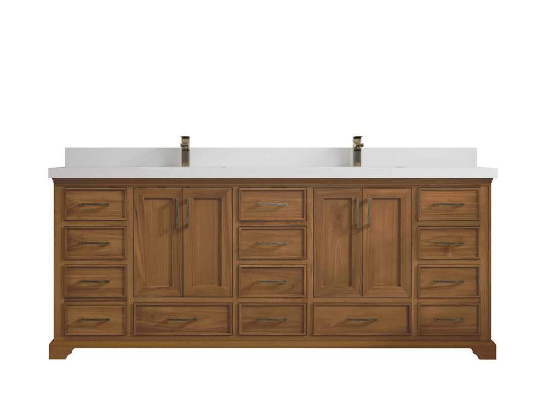 Charlotte Teak 84 in. W x 22 in. D Double Sink Bathroom Vanity in Dark Natural with 2 in White Quartz Countertop 