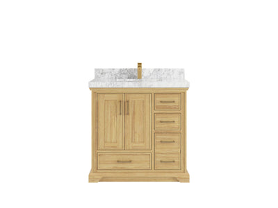 Charlotte Teak 36 in. W x 22 in. D Center Sink Bathroom Vanity in Light Natural with 2 in Carrara Marble Countertop