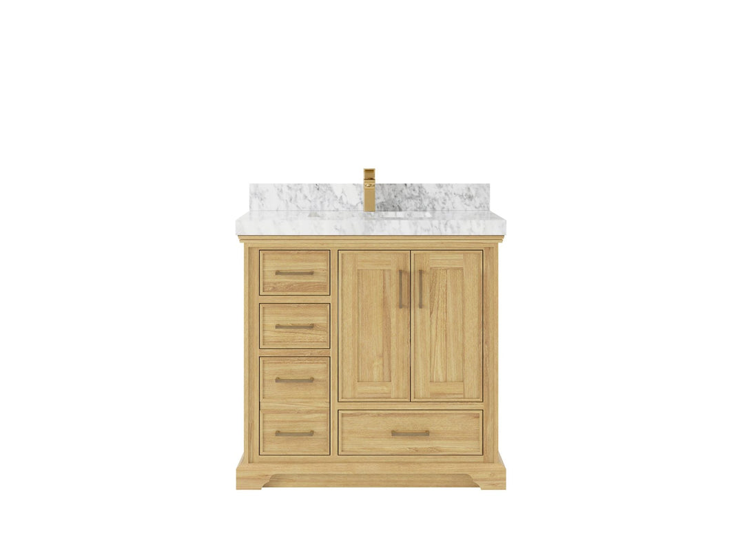 Charlotte Teak 36 in. W x 22 in. D Center Sink Bathroom Vanity in Light Natural with 2 in Carrara Marble Countertop