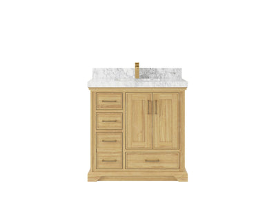 Charlotte Teak 36 in. W x 22 in. D Center Sink Bathroom Vanity in Light Natural with 2 in Carrara Marble Countertop