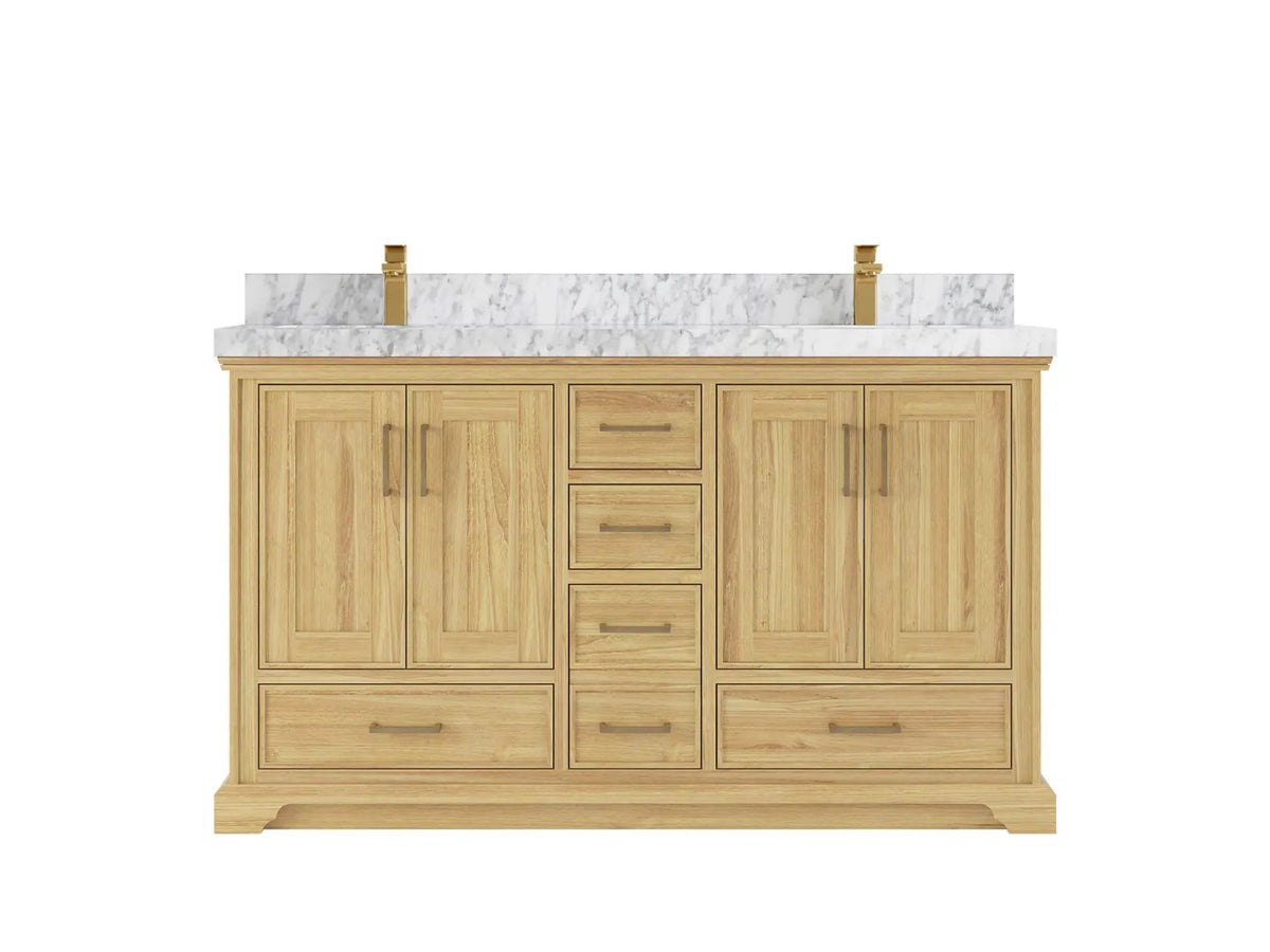 Charlotte Teak 60 in. W x 22 in. D Double Sink Bathroom Vanity in Light Natural with 2 in Carrara Marble Countertop