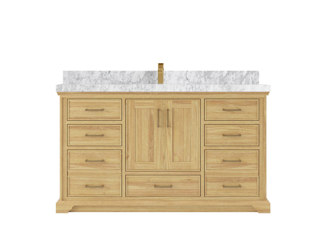 Charlotte Teak 60 in. W x 22 in. D Single Sink Bathroom Vanity in Light Natural with 2 in Carrara Marble Countertop
