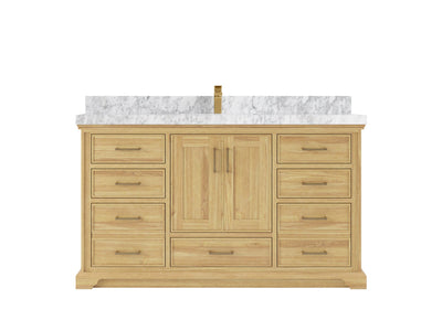 Charlotte Teak 60 in. W x 22 in. D Single Sink Bathroom Vanity in Light Natural with 2 in Carrara Marble Countertop