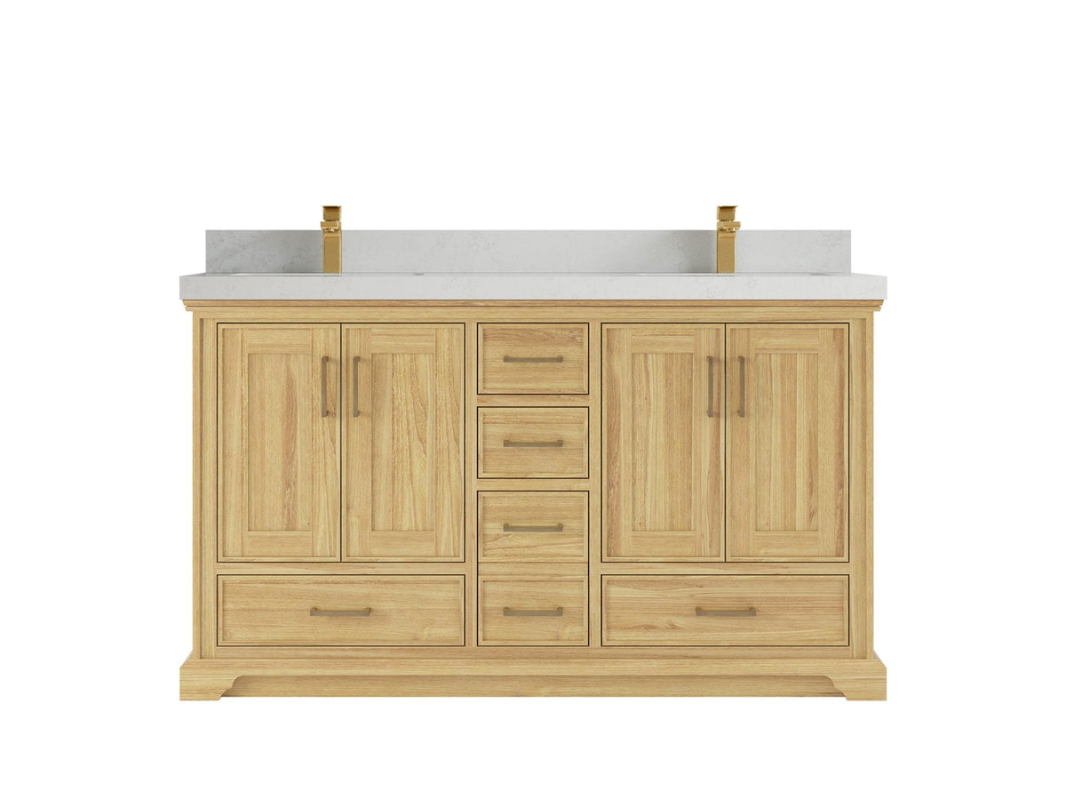 Charlotte Teak 60 in. W x 22 in. D Double Sink Bathroom Vanity in Light Natural with 2 in Carrara Quartz Countertop