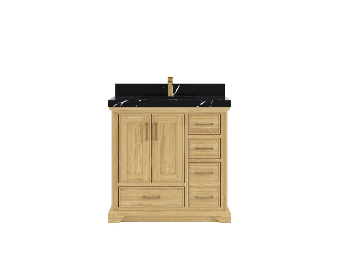 Charlotte Teak 36 in. W x 22 in. D Center Sink Bathroom Vanity in Light Natural with 2 in Calacatta Black Quartz Countertop