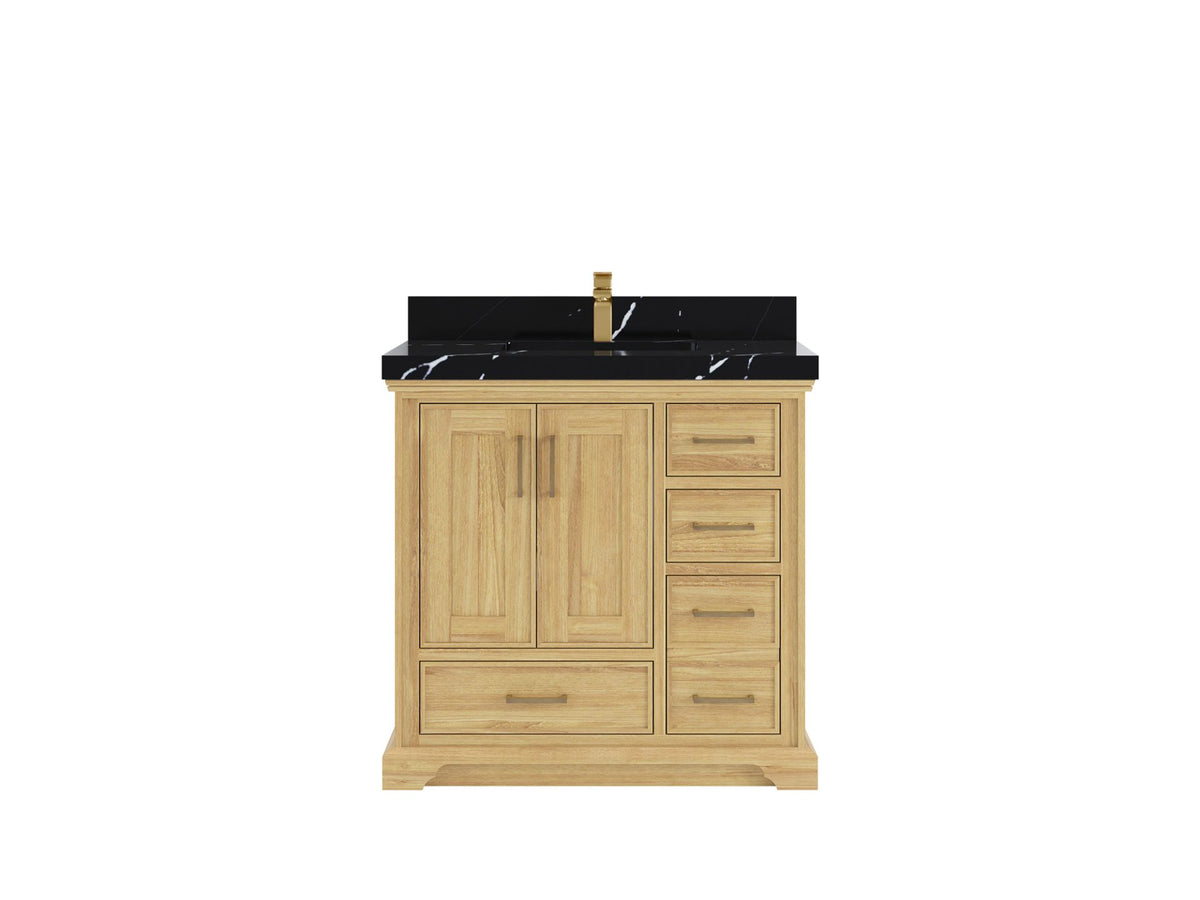 Charlotte Teak 36 in. W x 22 in. D Center Sink Bathroom Vanity in Light Natural with 2 in Calacatta Black Quartz Countertop
